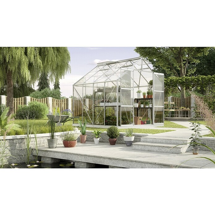 Vitavia Gewächshaus (2,58 x 2,57 x 2,46 m, Farbe: Aluminium, Einscheibensicherheitsglas (ESG), 3 mm)