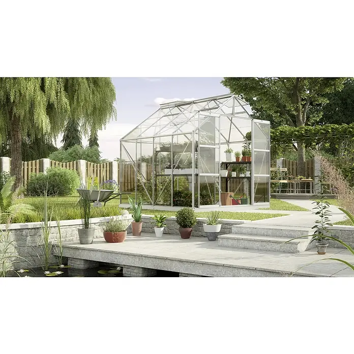 Vitavia Gewächshaus Uranus 6700 - Außenmaß inkl. Dachüberstand (B x T): 257 x 258 cm, 3 mm, Aluminium - Ein elegantes Gewächshaus aus Glas und Metall mit Pflanzenregalen im Inneren, eingebettet in einen üppigen Garten.