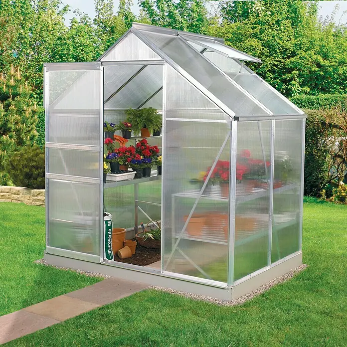 Vitavia Gewächshaus Venus 2500 Plus - Außenmaß inkl. Dachüberstand (B x T): 195 x 131 cm, 4 mm, Aluminium - Das Bild zeigt ein Gewächshaus mit offenstehender Tür, voll mit Pflanzen auf Regalen, umgeben von einem grünen Garten.