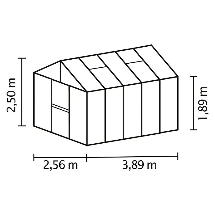 Vitavia Gewächshaus Zeus 10000 Plus - Außenmaß inkl. Dachüberstand (B x T): 256 x 389 cm, 16 mm, Aluminium - Abbildung eines Gewächshauses mit den Maßen 2,50 m Höhe, 2,56 m + 3,89 m Länge und 1,89 m Breite.