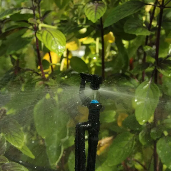 Vitavia Gewächshaus-Bewässerung MG S48 - Passend für: Gewächshäuser von 5 - 8 m² - Nahaufnahme eines Bewässerungssprinklers mit blauem Akzent, der Wasser versprüht, umgeben von üppigem Grün.