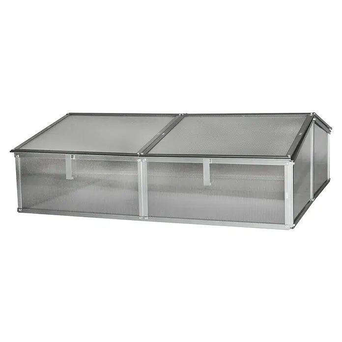 Vitavia Frühbeet Gaia 2X - 100 x 120 x 26 cm, Transparent, Polycarbonat - Das Bild zeigt ein Frühbeet mit einem stabilen Rahmen und transparenten Kunststoffscheiben. Es bietet Schutz und fördert das Pflanzenwachstum.