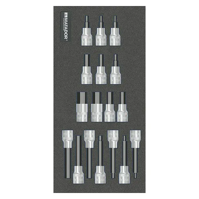 Matador Tool System Steckschlüsseleinsatz-Set - ½″, 17 -tlg. - Ein Set von Matador-Steckschlüsseleinsätzen, ordentlich in einer grauen Schaumstoffeinlage präsentiert.