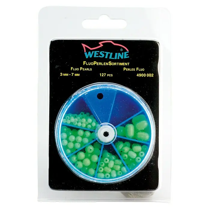 Westline Fluoperlen - 127 Stk., Durchmesser: 3 mm - 7 mm - Eine Packung Westline Fluoperlen Sortiment, bestehend aus fluoreszierenden Perlen in verschiedenen Größen, ideal für Angelzubehör.