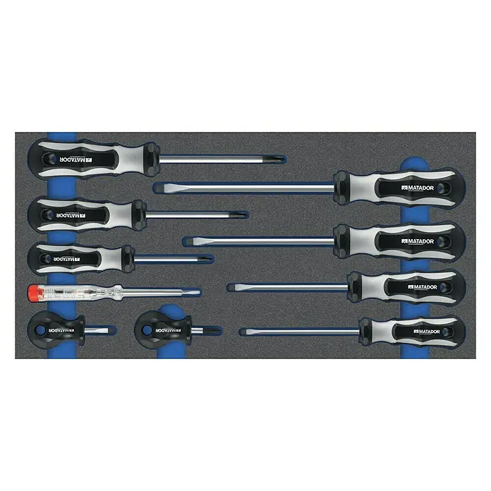 Matador Tool System Schraubendreher-Set - 10 -tlg. - Eine Werkzeugablage mit verschiedenen Matador Schraubendrehern in verschiedenen Größen und Ausführungen.