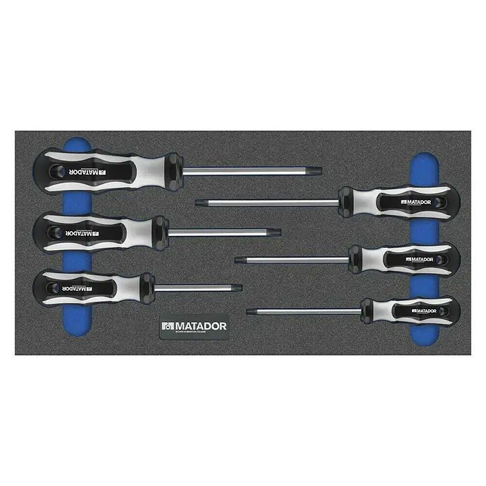 Matador Tool System Schraubendreher-Set6 -tlg., Geeignet für: TORX®-Schrauben - Das Bild zeigt ein Set von Matador Schraubendrehern, die ordentlich in einem schwarzen Schaumstoff-Organizer angeordnet sind.