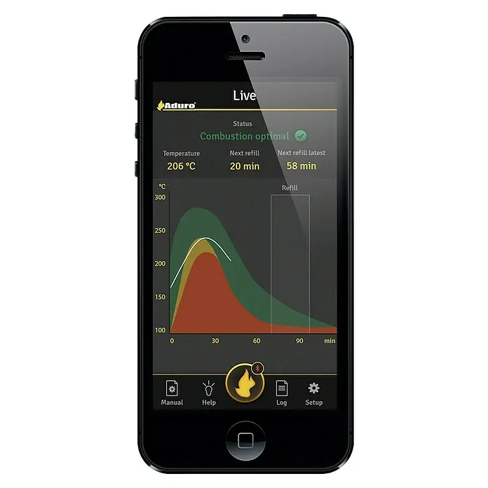 Aduro Smart-Response - Geeignet für: Kaminofen - Nahaufnahme eines Smartphones mit der Aduro Live App, die Temperatur- und Nachfüllinformationen anzeigt.