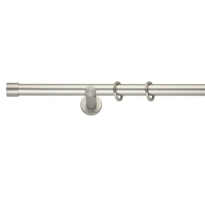 Expo Ambiente Komplettgarnitur Cap - Länge: 120 cm, Edelstahloptik - Eine Gardinenstange aus Metall mit zwei Ringen und einer Halterung, ideal für Fensterdekorationen und zur Aufhängung von Vorhängen.