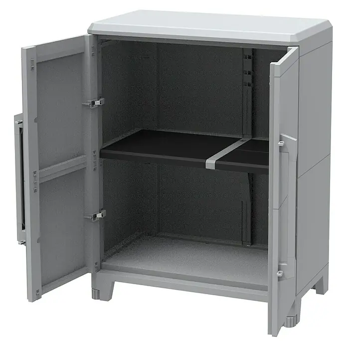 Terry Transforming Armario multiusos de plástico  Modular 4 + Modular 2 - 2 piezas - Armario de plástico gris con dos puertas abiertas y una balda negra.