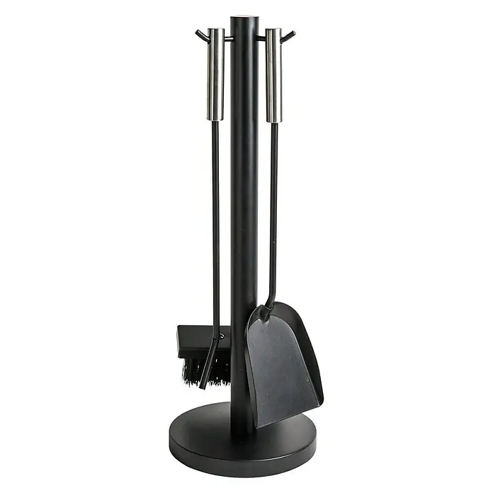 Aduro Kaminbesteck Proline 1 - 3 -tlg., Schwarz, Höhe: 50 cm - Kamingarnitur mit Schaufel, Besen und Schürhaken auf einem schwarzen Ständer für die Kaminpflege.