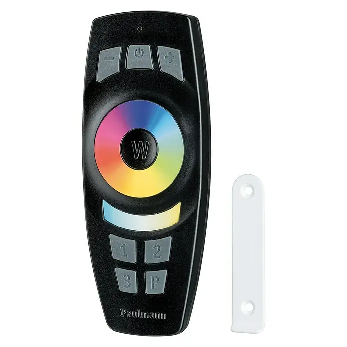 Paulmann Smart Home ZigBee Mando a distancia - Alcance radiodifusión: 50 m, 2,4 GHz - Imagen de un control remoto Paulmann para iluminación inteligente, con rueda de color y controles de brillo.