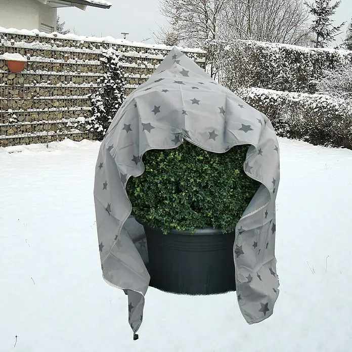Haubenvlies - 1,3 x 1,6 m, Grau, Grammatur: 50 g/m² - Winterabdeckung für Pflanzen mit Sternmuster, schützt den Kübel im verschneiten Garten.