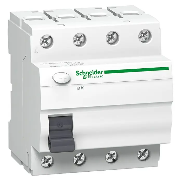 Schneider Electric FI-Schalter ID K - 63 A, Typ A, 30 mA, Polanzahl: 4 - Ein dreipoliger Fehlerstrom-Schutzschalter von Schneider Electric, ID K Modell, mit Schraubanschlüssen und grauem Schalter.