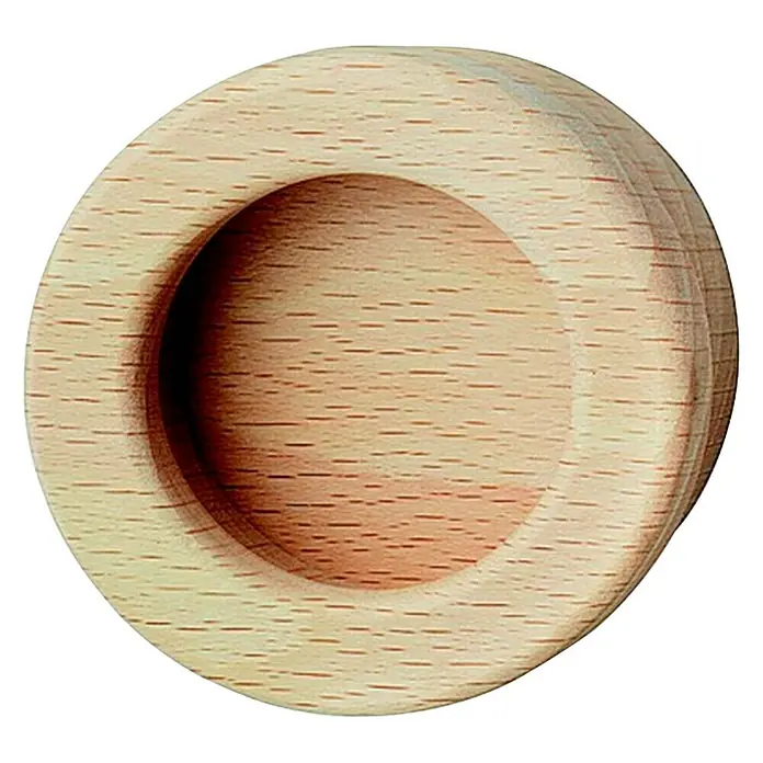Häfele Tirador para muebles - Tipo de tirador del mueble: Concha, Madera, Ø x L: 60 x 11 mm - Esta imagen muestra un tirador empotrado redondo de madera, ideal para puertas correderas o cajones. La madera tiene una veta clara y natural.
