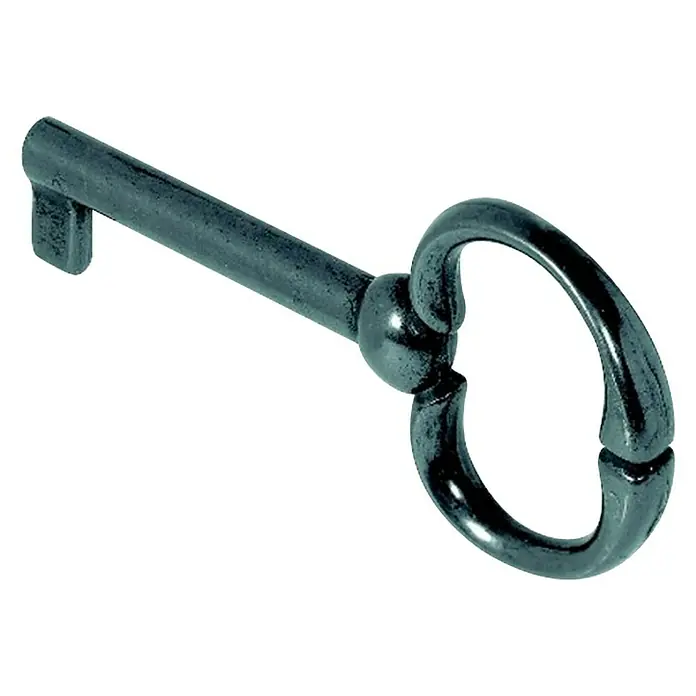 Häfele Llave decorativa 492.01.845 - Longitud del tallo útil: 38 mm, Pulido, Negro - Primer plano de una llave metálica antigua con paletón y mango redondo, sobre un fondo neutro.