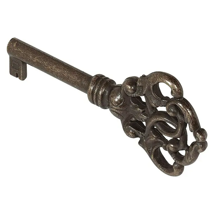 Häfele Llave decorativa 492.01.854 - Longitud del tallo útil: 38 mm, Marrón - Imagen detallada de una llave metálica antigua decorativa con un mango ornamentado e intrincado.