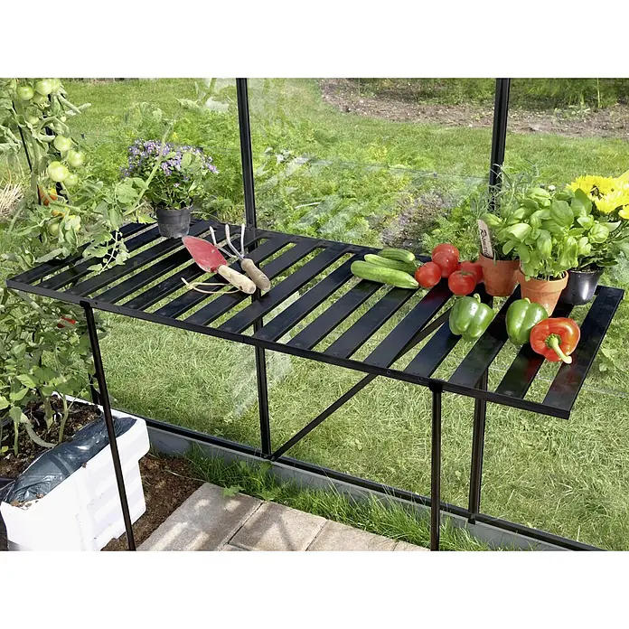 Vitavia Anzuchttisch - 56 x 120 x 81 cm, Schwarz - Gewächshaustisch mit frischem Gemüse und Gartenwerkzeugen. Ideal für die Pflanzenanzucht und Ernte im Garten.