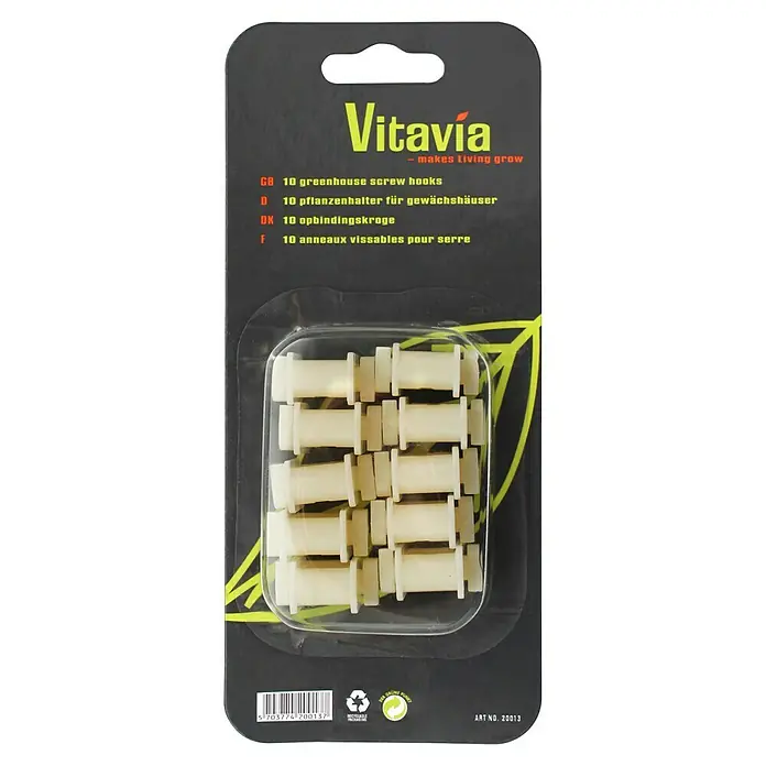 Vitavia Pflanzhilfe - 10 Stk. - Verpackung mit 10 Gewächshaus-Schraubhaken der Marke Vitavía, zur Befestigung von Pflanzen in Gewächshäusern.