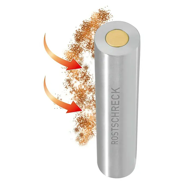 Rokitta Rostschreck - Geeignet für: Besteck - Rostschreck, ein innovatives Produkt zur Rostentfernung, dargestellt mit effektiven Reinigungspfeilen und beeindruckendem Ergebnis.