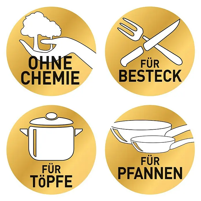 Rokitta Rostschreck - Geeignet für: Besteck - Symbolreihe für Küchenprodukte: "Ohne Chemie", "Für Besteck", "Für Töpfe", "Für Pfannen", jeweils auf goldenem Hintergrund.