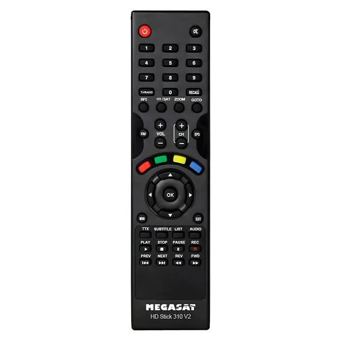 Megasat HDTV-Sat-Receiver Stick 310 V3 - 1.920 x 1.080 Pixel (Full HD), HDMI-Eingang, L x B x H: 65 x 108 x 18 mm - Nahaufnahme einer schwarzen Megasat HD Stick 310 V2 Fernbedienung mit verschiedenen Tasten und Funktionen.