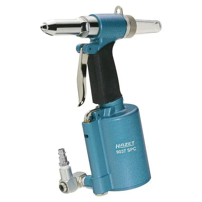 Hazet Blindniet-Pistole 9037SPC - Geeignet für: Blindnieten 2,4/3/3,2/4/4,8 mm, Betriebsdruck: 6,3 bar - Das Bild zeigt eine HAZET 9037 SPC Nietpistole in blau, ein Werkzeug zum Setzen von Nieten mit Druckluft. Ideal für Werkstatt und industrielle Anwendungen.