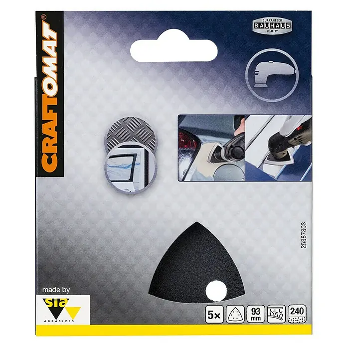 Craftomat Papel de lija Delta - An x L: 93 x 93 mm, Grano: 240 mm, 5 ud., Metal - Paquete de papel de lija triangular Craftomat, grano 240, para trabajos de lijado con multiherramienta. Ideal para esquinas y bordes.