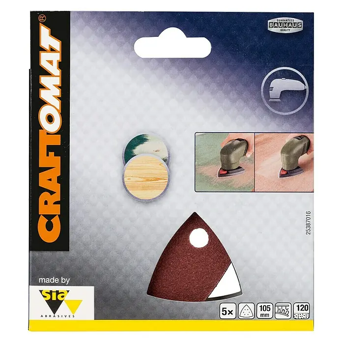 Craftomat Papel de lija Delta - An x L: 105 x 105 mm, Grano: 120 mm, 5 ud., Madera - Paquete de papel de lija Craftomat para multilijadora, 5 unidades, grano 120, ideal para lijar madera y otras superficies.