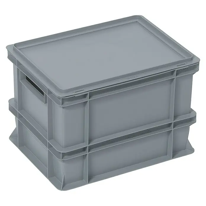 BAUHAUS Caja Euro + base con ruedas - 20 l, L x An x Al: 40 x 30 x 22 cm, 9 pzs. - Caja de plástico gris con tapa, robusta y apilable, ideal para almacenamiento y transporte. Perfecto para la organización en almacén y taller.