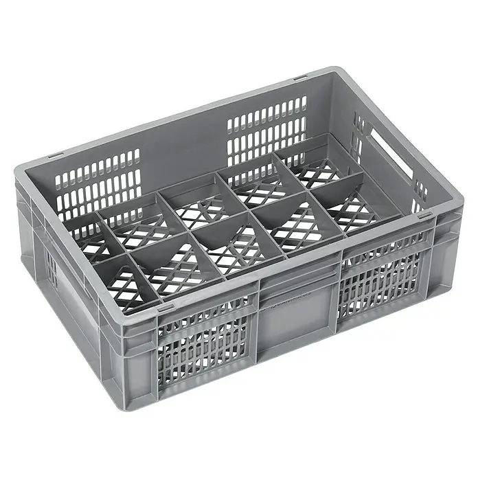 BAUHAUS Separador interior - L x An x Al: 55,8 x 35,7 x 6 cm, Número de compartimentos: 15 ud. - Caja de almacenamiento de vidrio gris con compartimentos para transportar y almacenar vasos. La caja tiene paredes perforadas para la ventilación.