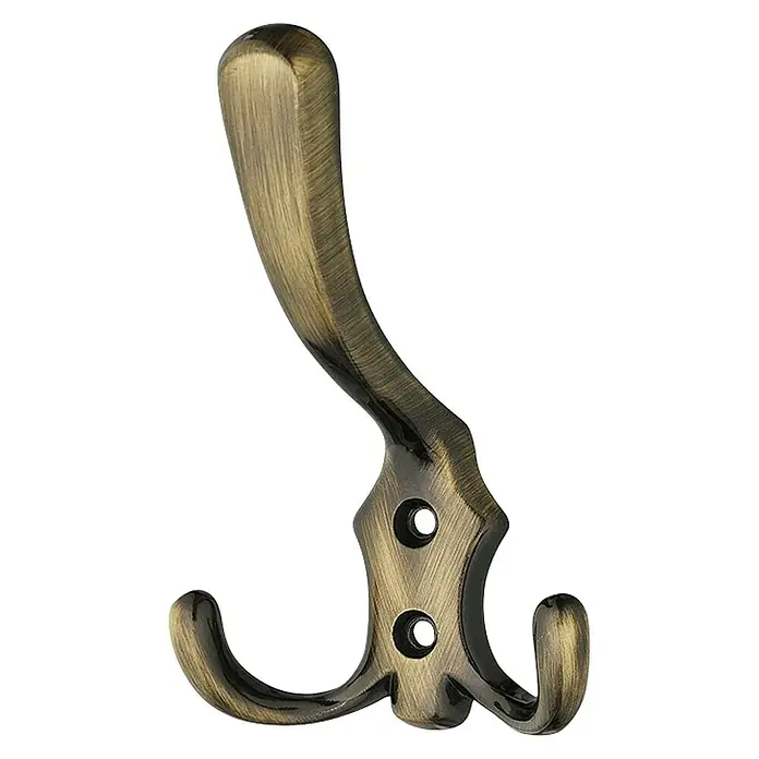 Häfele Gancho para colgar - Equipamiento: 3 ganchos, Distancia entre orificios: 20 mm, Marrón frotado - Robusto gancho triple de color bronce para abrigos, sombreros y más. Una adición ideal para pasillos o dormitorios.