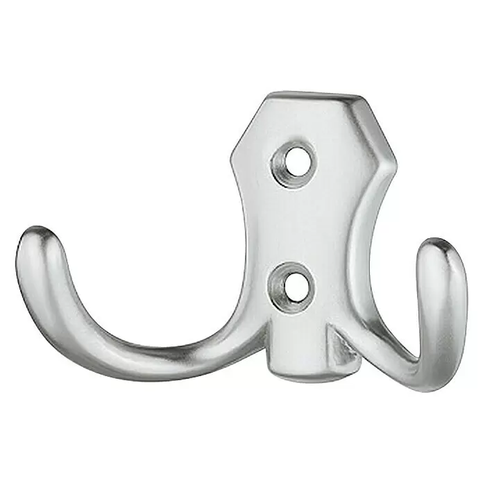 Häfele Gancho para colgar - Distancia entre orificios: 20 mm - Gancho doble de metal cepillado plateado con placa de montaje decorativa y dos orificios para tornillos.
