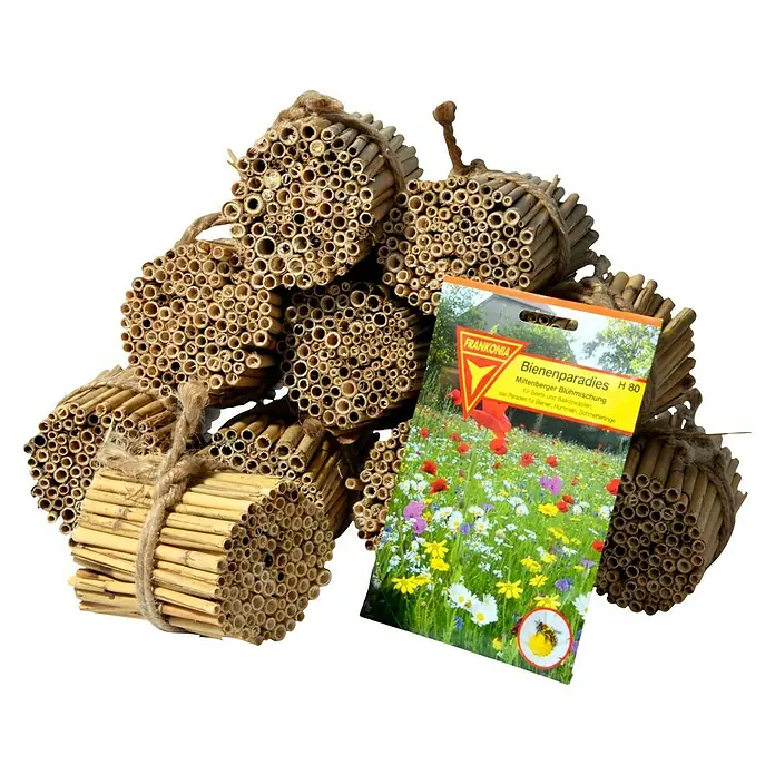 Dobar Insektenhotel-Bastelset - Sonstiges, Natur - Nahaufnahme von Insektenhotels aus Schilf und einer Packung Blumensamen, die ein Paradies für Bienen, Hummeln und Schmetterlinge versprechen.