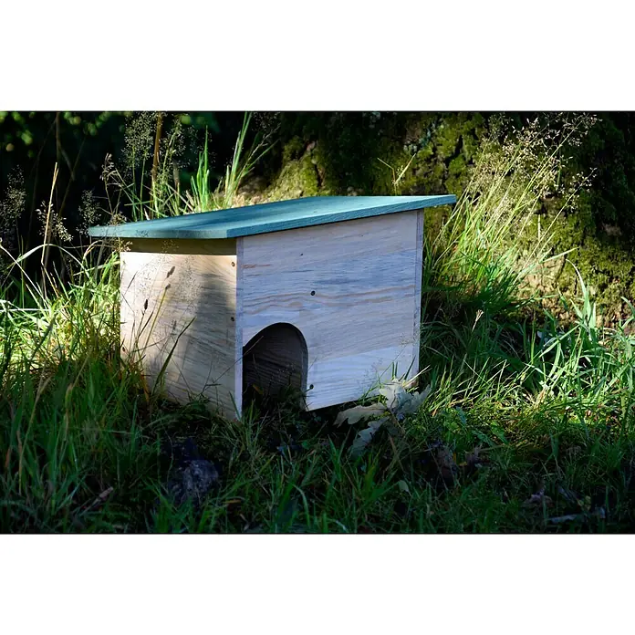 Dobar Igelhaus - 34,5 x 24 x 27 cm, Ausstattung: Abnehmbares Dach - Hölzernes Igelhaus mit grünem Dach inmitten von Gras und Pflanzen, das einen sicheren Unterschlupf für Wildtiere bietet.