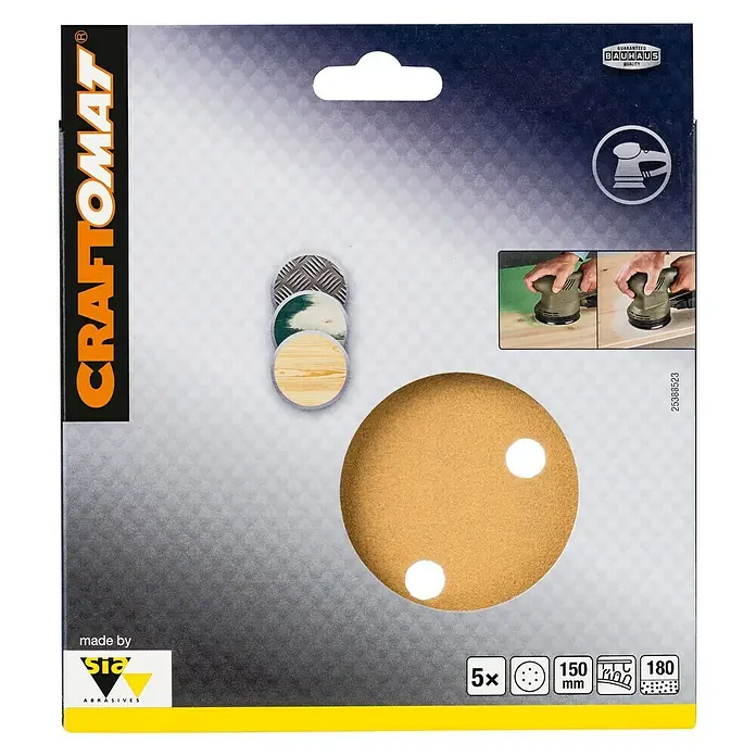Craftomat Hoja de lija BFWP - Diámetro: 150 mm, Grano: 180, Perforado - Papel de lija Craftomat, grano 180, diámetro 150 mm, 5 unidades por paquete. Ideal para lijar madera y otros materiales.