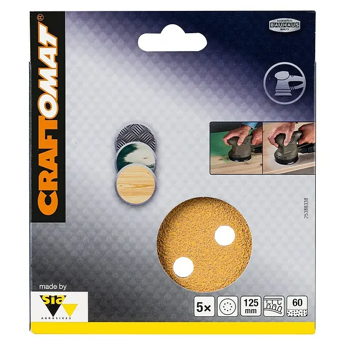 Craftomat Hoja de lija BFWP - Diámetro: 125 mm, Grano: 60, Perforado - Discos de lija para lijadora orbital, grano 60, diámetro 125 mm, paquete de 5 unidades. Ideal para madera, metal y plástico.