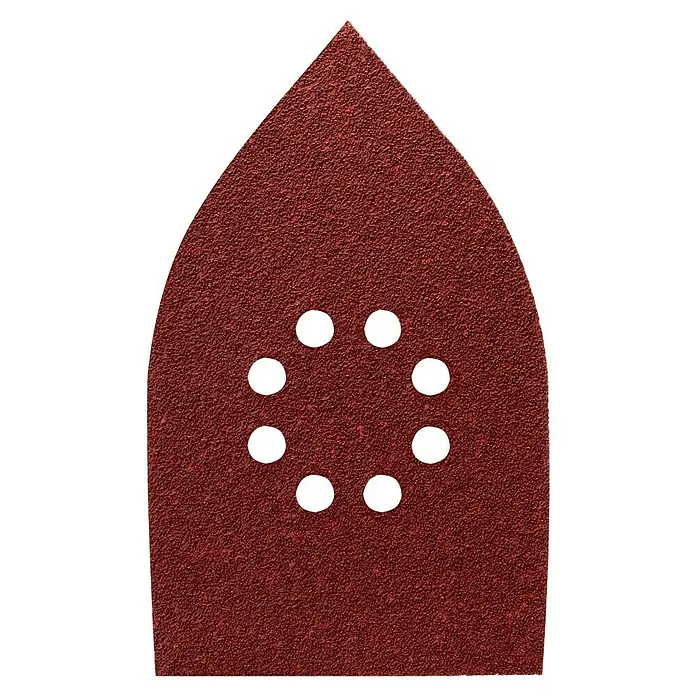 Craftomat Hoja de lija - L x An: 170 x 100 mm, Grano: 60, 5 ud. - Primer plano de papel de lija rojo para lijadora delta, que muestra los agujeros para la extracción de polvo.