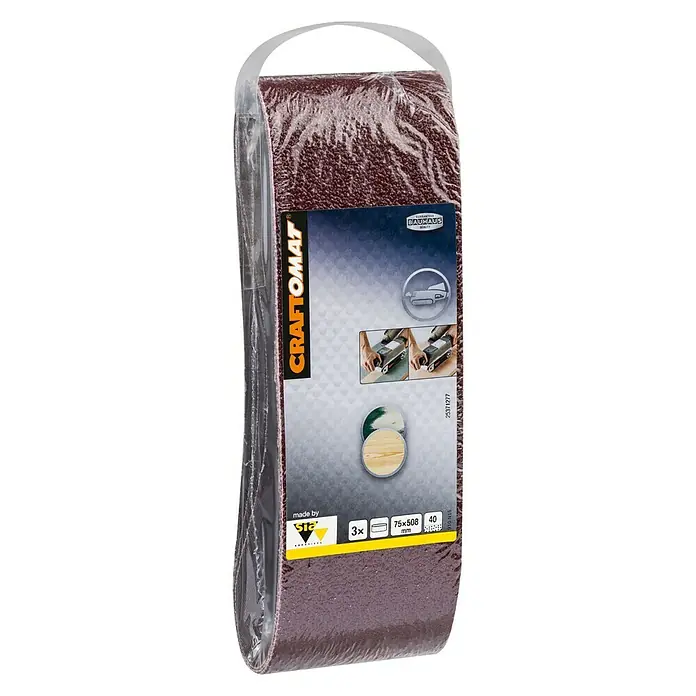 Craftomat Lija de banda - L x An: 508 x 75 mm, Grano: 40, 3 ud. - Paquete de bandas de lijado Craftomat, grano 40, dimensión 75x508 mm, ideal para trabajos de carpintería y lijado en taller y hobby.
