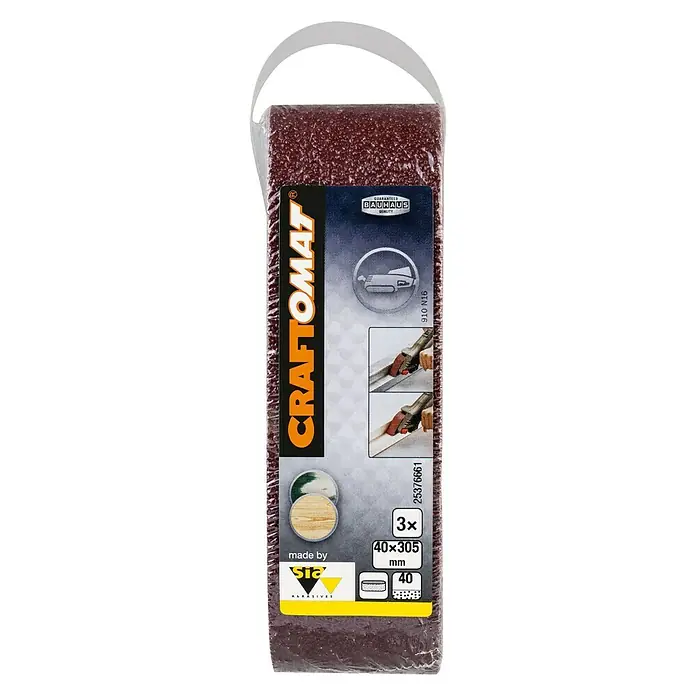 Craftomat Lija de banda - L x An: 305 x 40 mm, Grano: 40, 3 ud. - Paquete de mantas abrasivas Craftomat, ideal para el pulido de madera. 3 unidades, grano 40, dimensiones 40x305 mm.