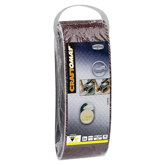 Craftomat Lija de banda - L x An: 400 x 60 mm, Grano: 40, 3 ud. - Paquete de bandas de lija CRAFTOMAT, 60x400 mm, grano 40, 3 unidades, fabricadas por SIA Abrasives para la calidad Bauhaus.