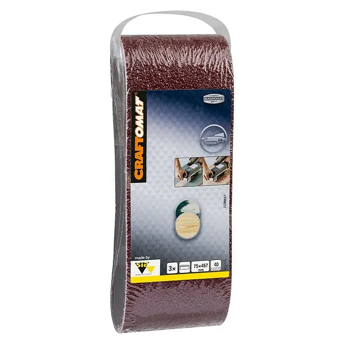 Craftomat Lija de banda - L x An: 457 x 75 mm, Grano: 40, 3 ud. - Pack de bandas de lija Craftomat, grano 40, para lijadoras de banda, para lijar superficies de madera, 75 x 457 mm, 3 unidades para un lijado óptimo.