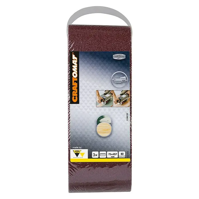 Craftomat Lija de banda - L x An: 457 x 75 mm, Grano: 80, 3 ud. - Imagen de un paquete de bandas de lijar Craftomat, tamaño 75x457 mm, grano 80, adecuadas para lijadoras de banda.