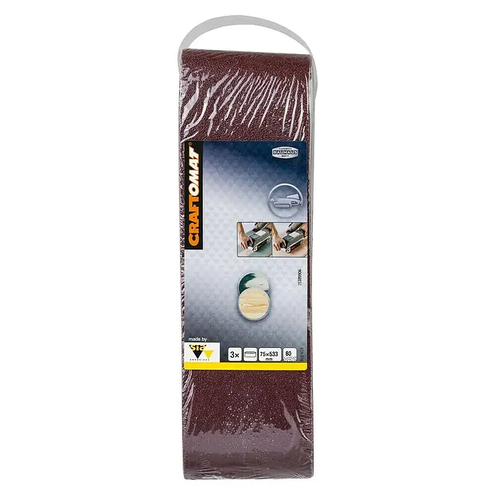 Craftomat Lija de banda - L x An: 533 x 75 mm, Grano: 80, 3 ud. - Imagen de una banda de lija Craftomat, grano 80, tamaño 75x533 mm, en un paquete de 3, ideal para superficies de madera.