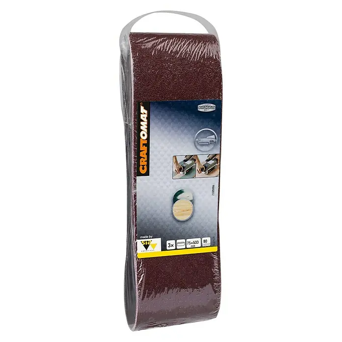 Craftomat Lija de banda - L x An: 533 x 75 mm, Grano: 80, 3 ud. - Bandas de lija de Craftomat, grano 80, para lijadoras de banda. Adecuadas para madera y metal, dimensiones 75 x 533 mm, 3 unidades por paquete.