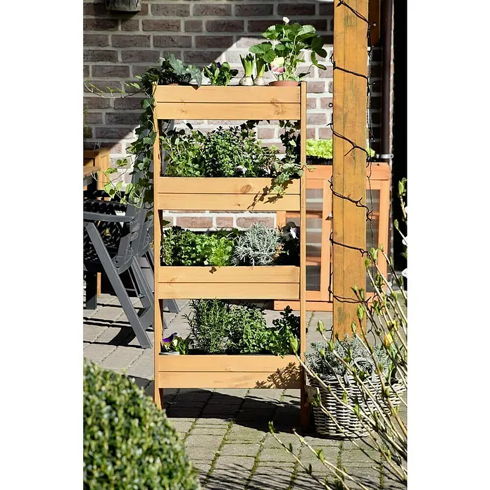 Dobar Hochbeet - 55 x 40 x 125 cm, Holz, Bernstein - Vertikaler Pflanzkasten aus Holz mit verschiedenen Pflanzen. Er bietet eine stilvolle Lösung für kleine Gärten und Balkone.