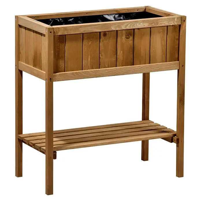 Dobar Hochbeet - 76 x 40 x 80 cm, Holz, Braun - Ein hölzernes Hochbeet mit einer schwarzen Auskleidung und einem praktischen Ablageboden darunter für Gartengeräte oder Pflanzen.