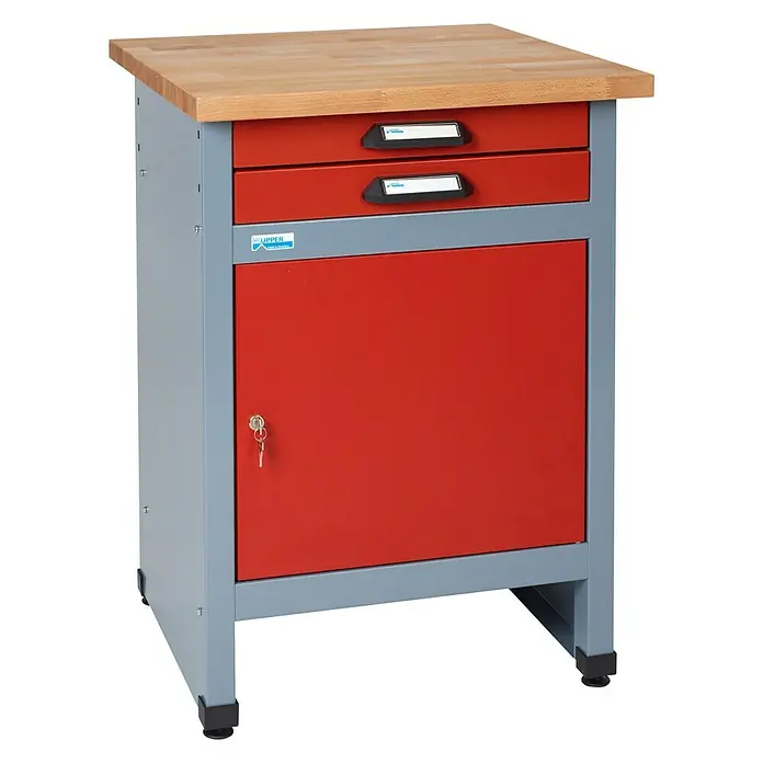Küpper Werkbank-Beistelltisch - Holz, Rot/Silbergrau - Werkbank mit Schubladen und Schrank. Ideal für Werkstätten und Garagen zur Aufbewahrung von Werkzeugen und Materialien.