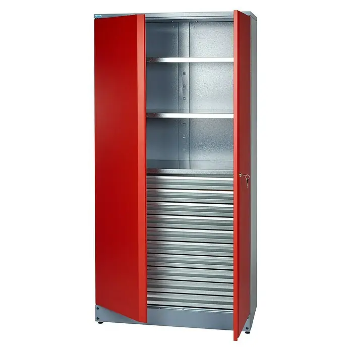 Küpper Werkzeugschrank - L x B x H: 45 x 91 x 180 cm, Anzahl Böden: 2 Stk. - Offener, roter Werkzeugschrank mit grauen Metallregalen und Schubladen, ideal zur Aufbewahrung von Werkzeugen und Materialien.
