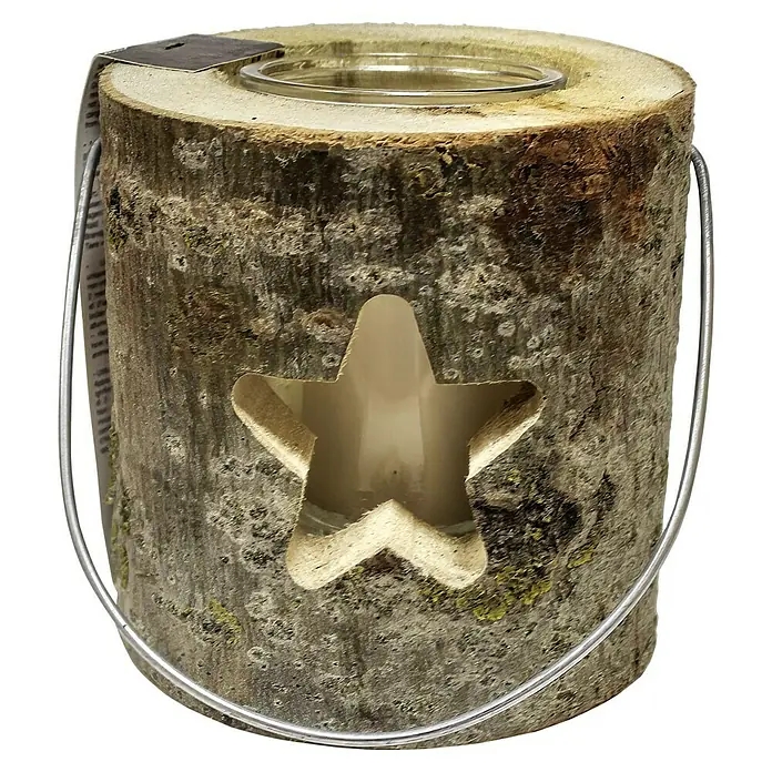 Windlicht - Ø x H: 16 x 18 cm, Holz, Stern - Stimmungsvolle Holzlaterne mit Sternausschnitt, ideal für gemütliche Abende und festliche Dekorationen. Inklusive Glaseinsatz für Kerzen.