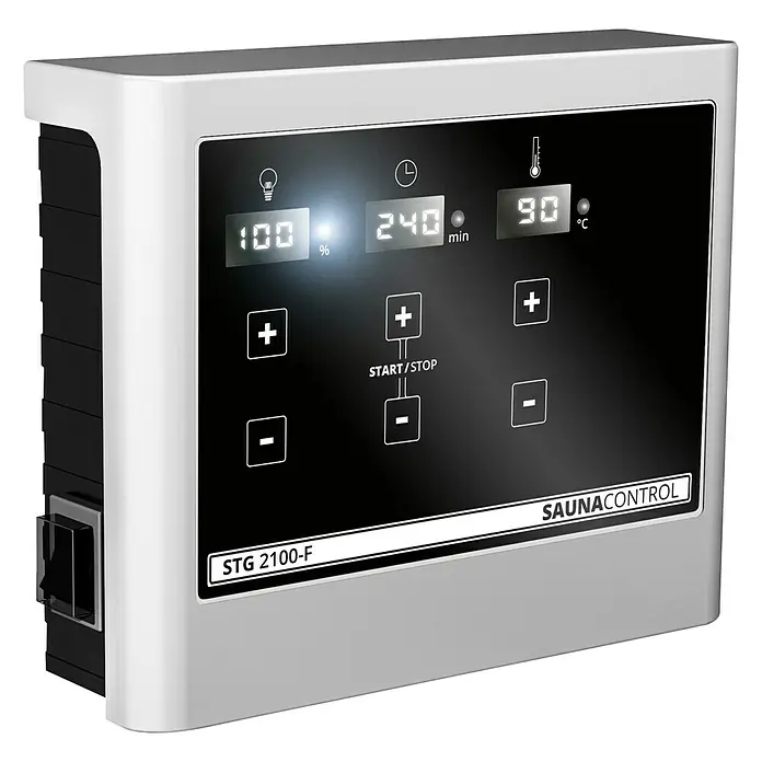 Karibu Elementsauna Malin - Mit 9 kW Ofen mit externer Steuerung, Ohne Dachkranz, L x B x H: 231 x 196 x 192 cm - Das SaunaControl STG 2100-F Steuergerät in Silber/Schwarz ist für die präzise Steuerung von Saunaheizung und -funktionen konzipiert.